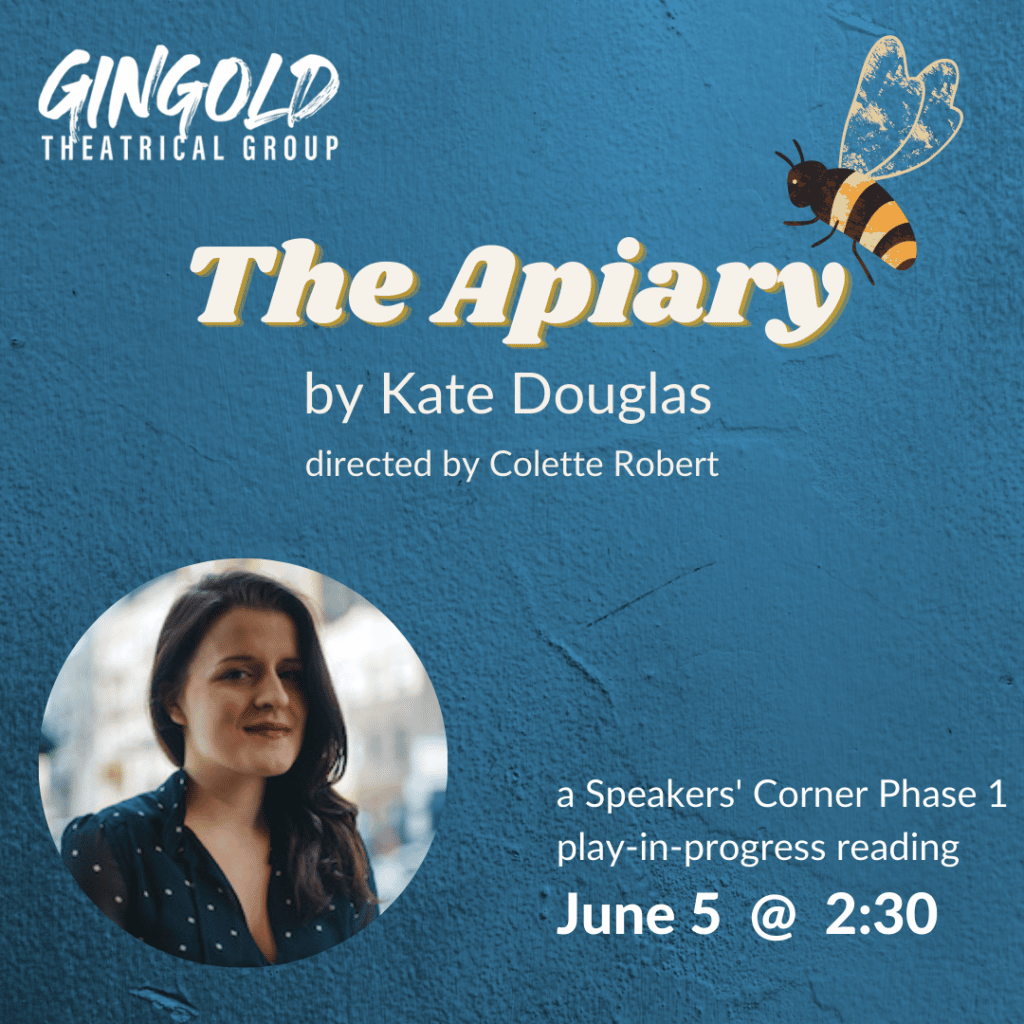 The Apiary by Kate Douglas, a virtual reading, with an picture of Kate and a drawing of a bee on blue background